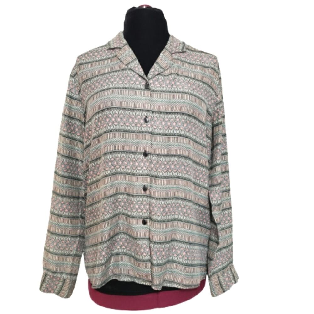 Lee David Silk Geometric Print Gray Pink and Blue Floral Print Long Sleeve Top